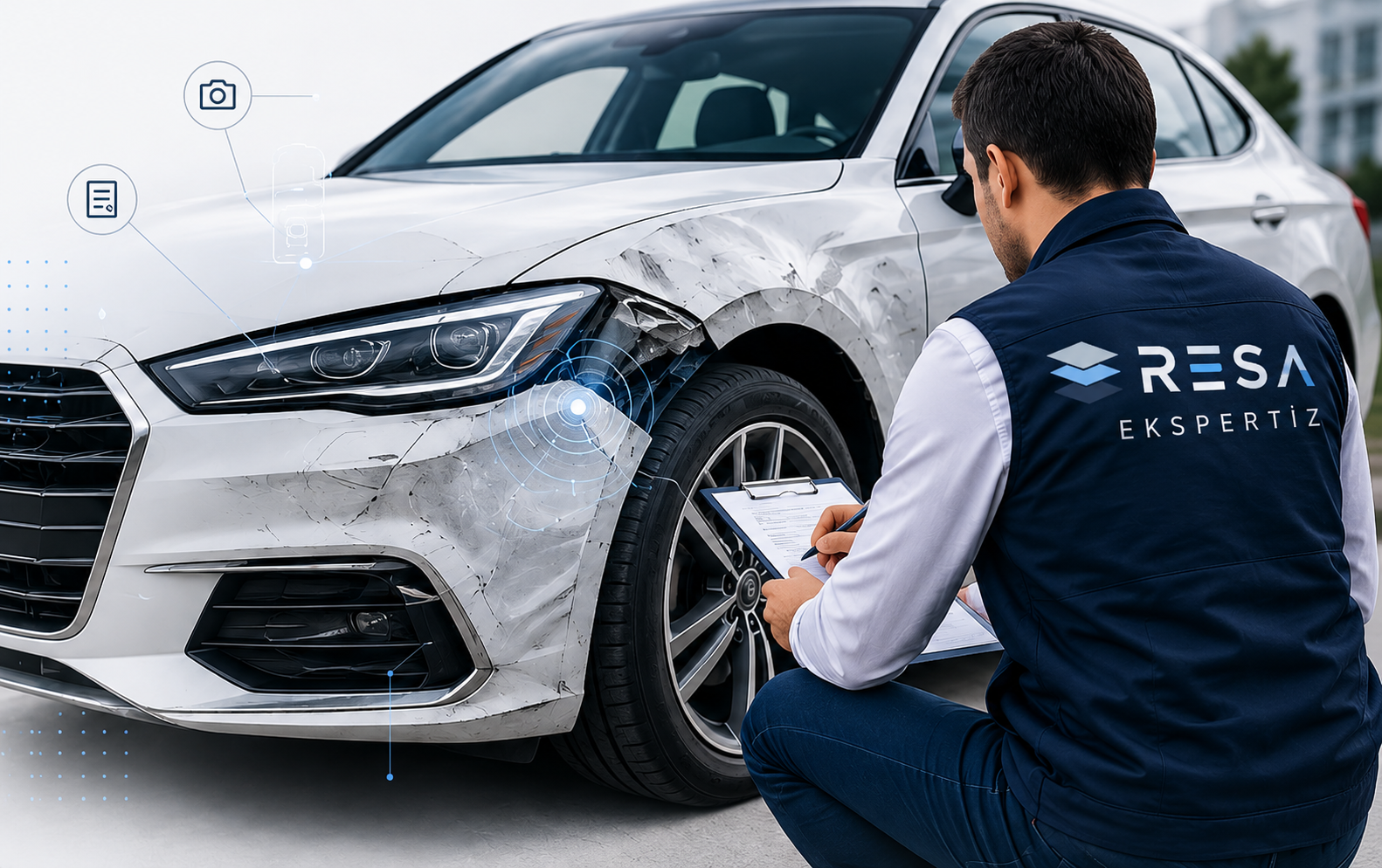 Hasarlı bir otomobili inceleyen sigorta eksperi